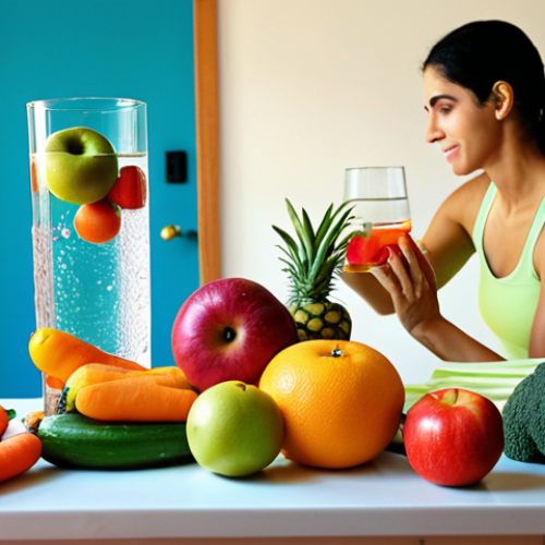 **

"A vibrant and colorful still life featuring fresh fruits and vegetables arranged around a glass of water. In the background, a person is gently exercising with a physical therapist. The overall mood is hopeful and focused on recovery. Emphasize bright colors and natural light. Arabic script subtly incorporated in the background."

**