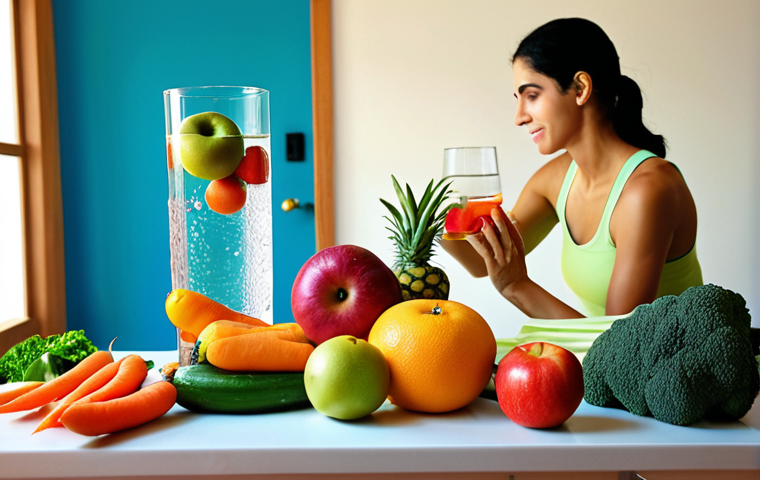 **

"A vibrant and colorful still life featuring fresh fruits and vegetables arranged around a glass of water. In the background, a person is gently exercising with a physical therapist. The overall mood is hopeful and focused on recovery. Emphasize bright colors and natural light. Arabic script subtly incorporated in the background."

**