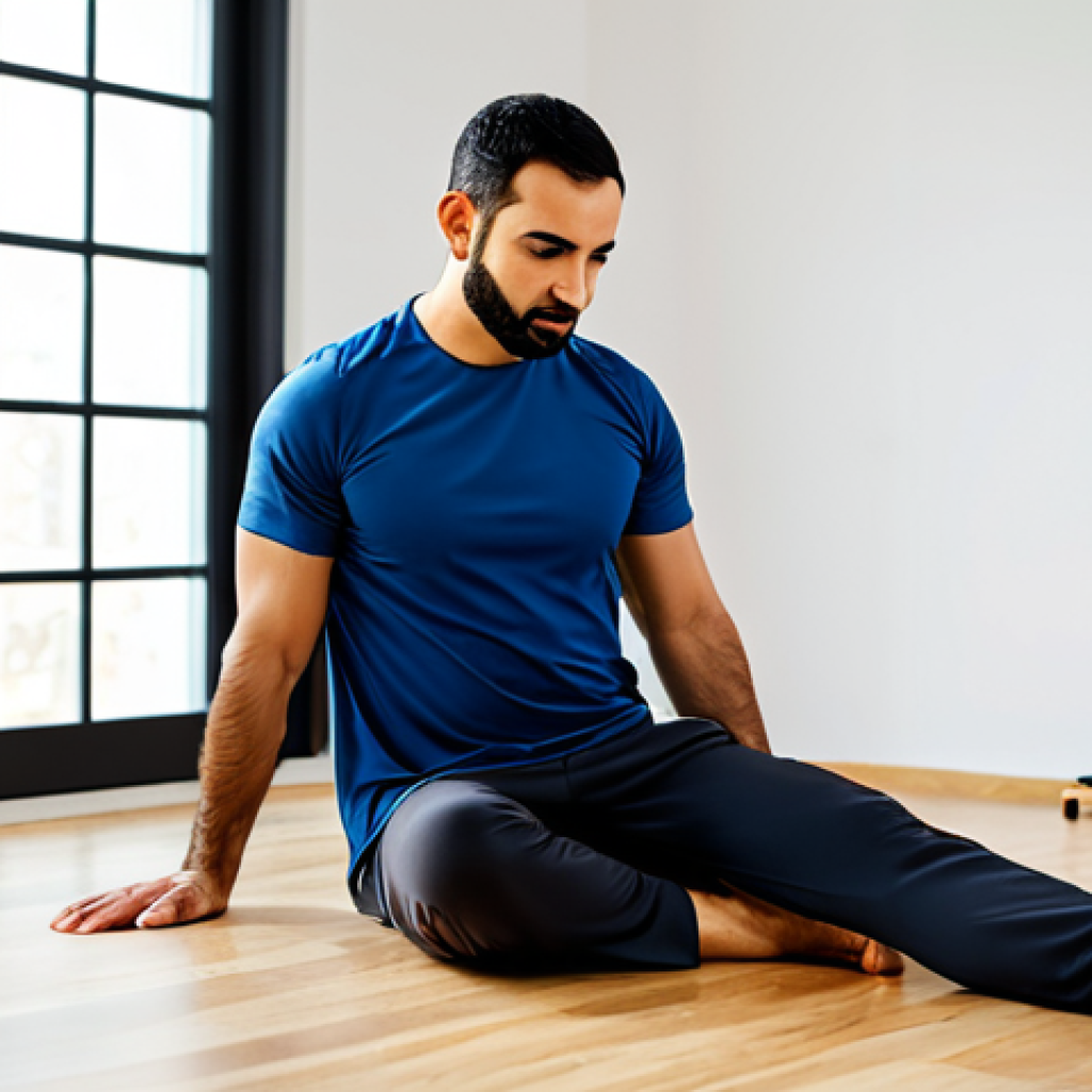 A professional Arab man in his 30s, dressed in modest, comfortable athletic wear suitable for rehabilitation, performing a precise, gentle core exercise with perfect form. He is focused and exhibits controlled movement, embodying an understanding of his body's mechanics. The setting is a clean, modern physical therapy clinic with natural light, featuring light wooden floors and minimalist equipment in the background, creating a professional and calming atmosphere. safe for work, appropriate content, fully clothed, professional, perfect anatomy, correct proportions, natural pose, well-formed hands, proper finger count, natural body proportions, high quality, studio lighting, sharp focus, vibrant colors.