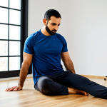 A professional Arab man in his 30s, dressed in modest, comfortable athletic wear suitable for rehabilitation, performing a precise, gentle core exercise with perfect form. He is focused and exhibits controlled movement, embodying an understanding of his body's mechanics. The setting is a clean, modern physical therapy clinic with natural light, featuring light wooden floors and minimalist equipment in the background, creating a professional and calming atmosphere. safe for work, appropriate content, fully clothed, professional, perfect anatomy, correct proportions, natural pose, well-formed hands, proper finger count, natural body proportions, high quality, studio lighting, sharp focus, vibrant colors.