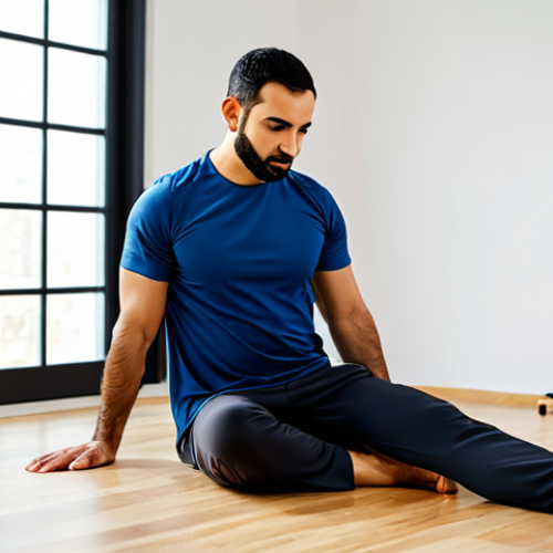 A professional Arab man in his 30s, dressed in modest, comfortable athletic wear suitable for rehabilitation, performing a precise, gentle core exercise with perfect form. He is focused and exhibits controlled movement, embodying an understanding of his body's mechanics. The setting is a clean, modern physical therapy clinic with natural light, featuring light wooden floors and minimalist equipment in the background, creating a professional and calming atmosphere. safe for work, appropriate content, fully clothed, professional, perfect anatomy, correct proportions, natural pose, well-formed hands, proper finger count, natural body proportions, high quality, studio lighting, sharp focus, vibrant colors.