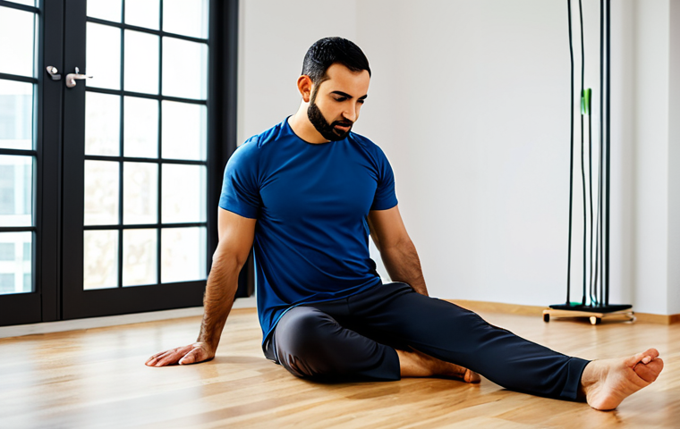 A professional Arab man in his 30s, dressed in modest, comfortable athletic wear suitable for rehabilitation, performing a precise, gentle core exercise with perfect form. He is focused and exhibits controlled movement, embodying an understanding of his body's mechanics. The setting is a clean, modern physical therapy clinic with natural light, featuring light wooden floors and minimalist equipment in the background, creating a professional and calming atmosphere. safe for work, appropriate content, fully clothed, professional, perfect anatomy, correct proportions, natural pose, well-formed hands, proper finger count, natural body proportions, high quality, studio lighting, sharp focus, vibrant colors.