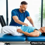 근골격계 질환 재활병원 추천 - A determined male patient in his 40s, dressed in comfortable, modest athletic wear (a t-shirt and at...