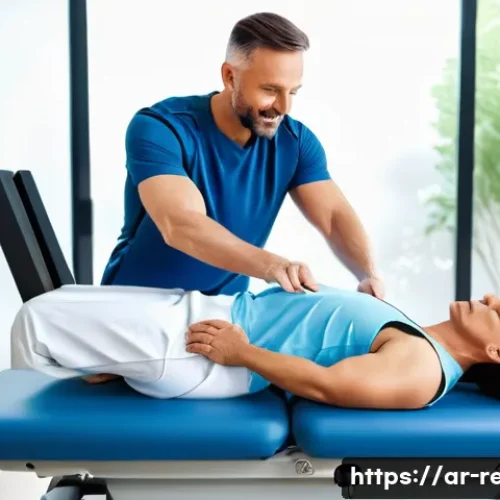 근골격계 질환 재활병원 추천 - A determined male patient in his 40s, dressed in comfortable, modest athletic wear (a t-shirt and at...