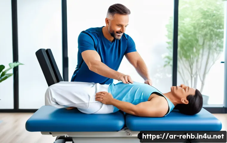 근골격계 질환 재활병원 추천 - A determined male patient in his 40s, dressed in comfortable, modest athletic wear (a t-shirt and at...