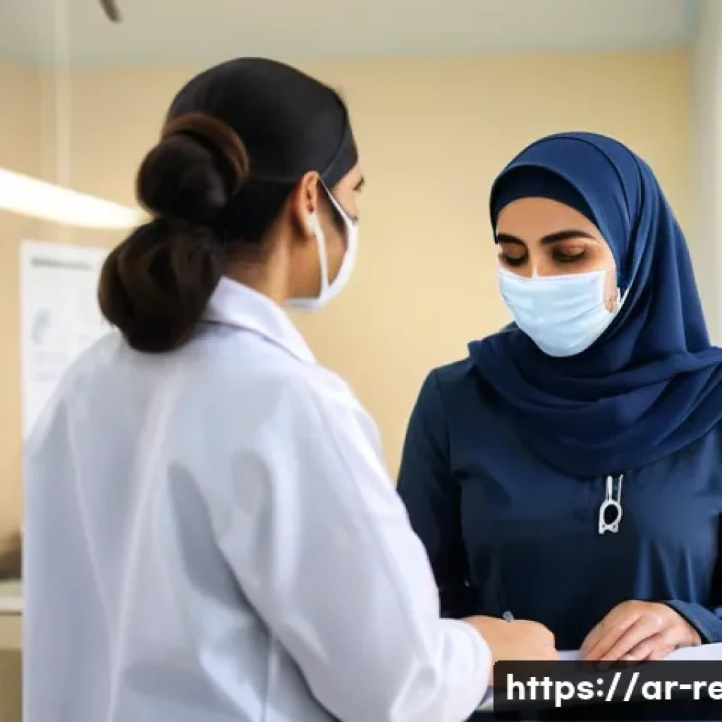 물리치료와 운동치료 차이 - A photorealistic clinic assessment scene: a compassionate Arabic-speaking physical therapist (female...