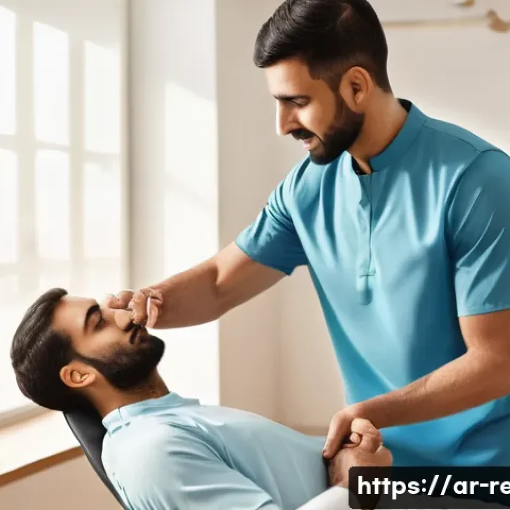 골절 재활 치료 주기 - A detailed scene showing a Middle Eastern physiotherapy clinic with a male patient in his 30s wearin...
