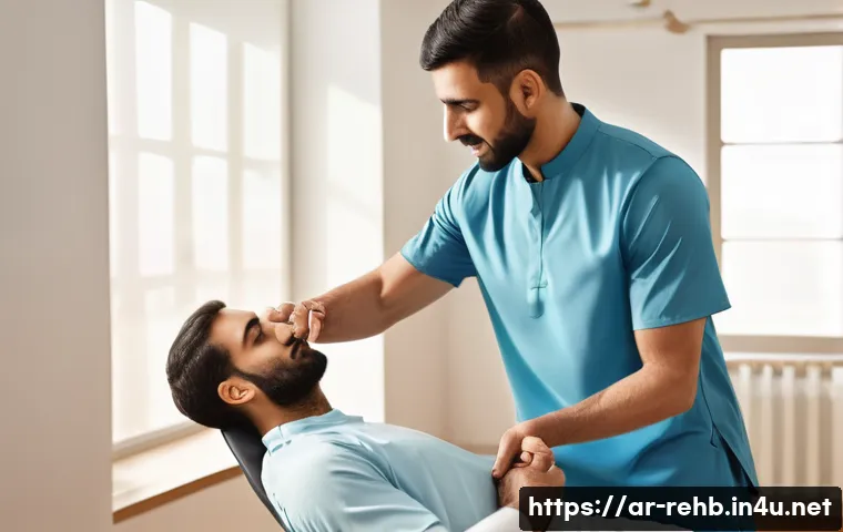 골절 재활 치료 주기 - A detailed scene showing a Middle Eastern physiotherapy clinic with a male patient in his 30s wearin...