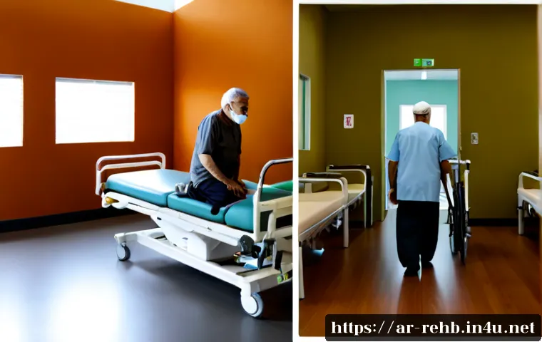 재활센터 시설 비교 - Photorealistic split-scene comparison of two modern rehabilitation center therapy rooms, left side c...