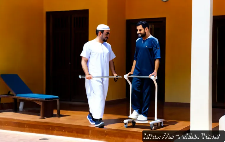 골절 재활치료 의료보험 적용 - Photorealistic rehabilitation clinic in an Arab city, a middle-aged Arab man wearing modest athletic...