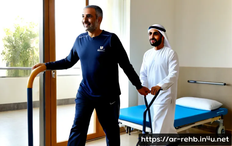 척추 손상 환자 성공 사례 - Photorealistic rehabilitation success scene in a bright modern clinic in an Arab city, a middle-aged...